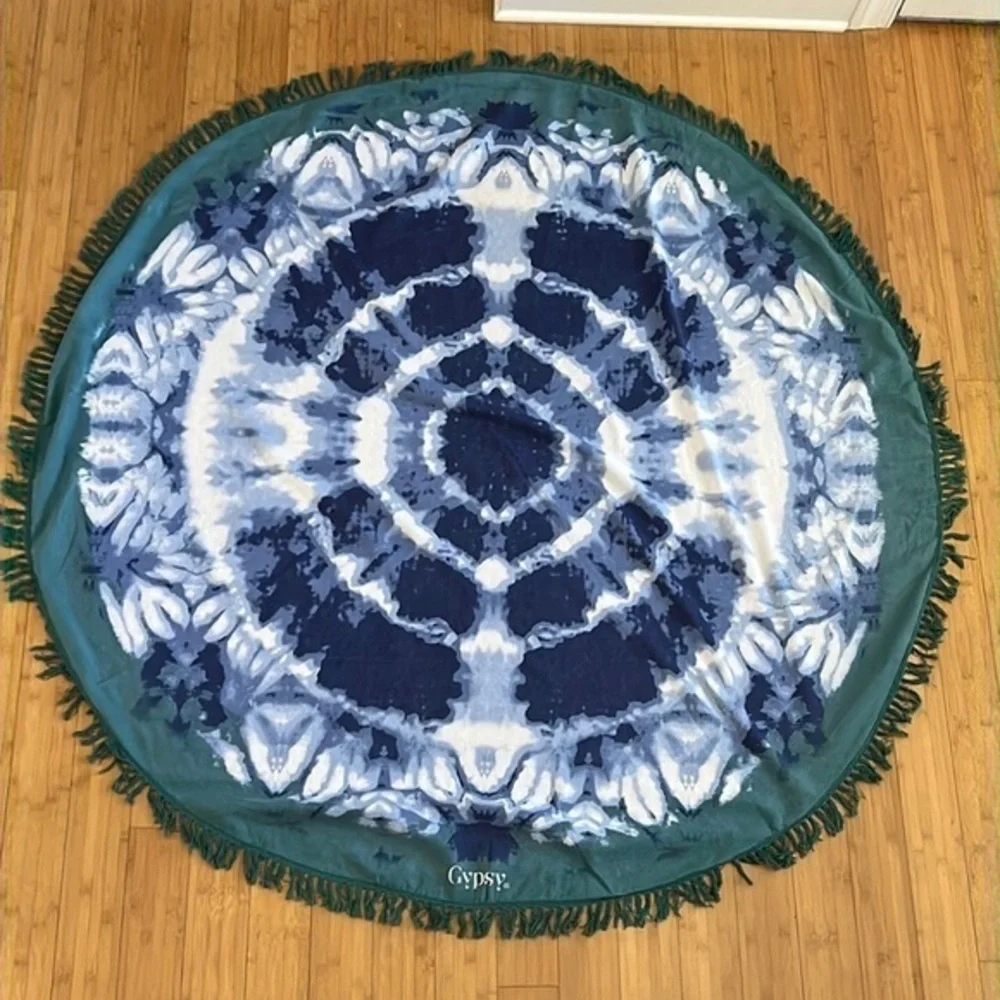 Gypsy05 Gypsy Boho blue green and white tie dye Beach Roundie 64